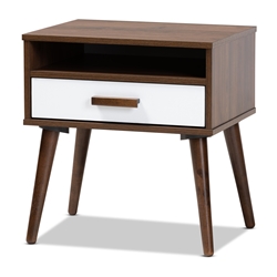 Baxton Studio Quinn Mid-Century Modern Two-Tone White and Walnut Finished 1-Drawer Wood End Table